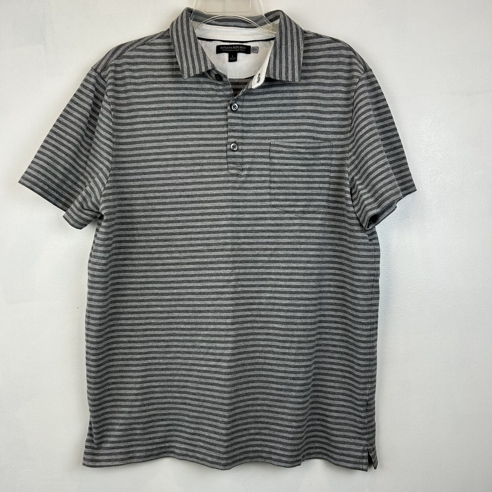 Banana Republic Polo Shirt Mens L Gray Stripe Short Sleeve Performance Pique